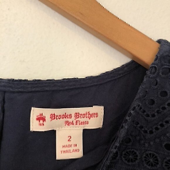 BROOKS BROTHERS Solid Navy Blue Eyelet Floral Lace Up 100% Cotton Shift Dress 2 - Picture 6 of 11